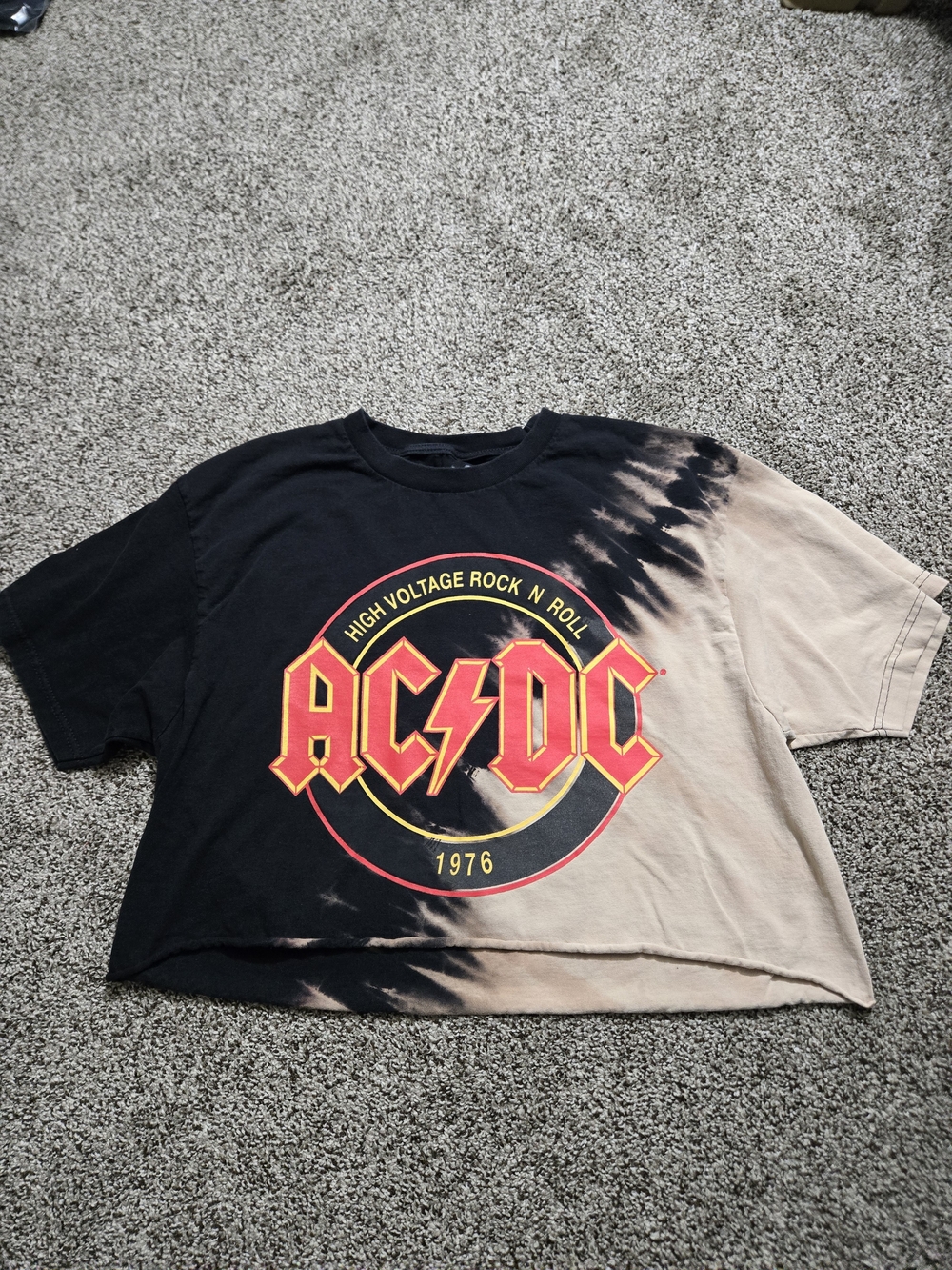 AC/DC Black & Beige Tie-Dye Cropped Tee with Red and Yellow Logo M/L Womens